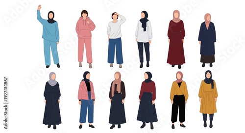 diverse group of women in hijabs, fashion styles, modern clothing