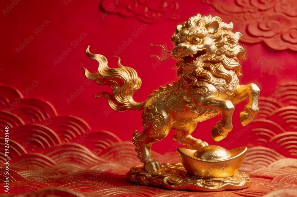 Fototapeta premium Golden Lion dancing standing on gold ingot base, red background, embossed wave patterns, elegant composition