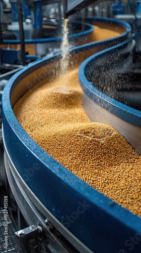 Wallpaper Mural Conveyor belt moving yellow soybeans in an industrial processing plant with soybeans pouring from above. Torontodigital.ca