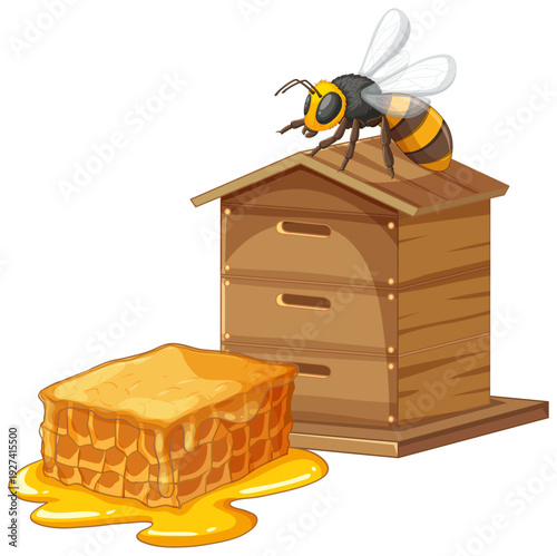 Honey Bee on Wooden Beehive with Fresh Honeycomb and Dripping Honey