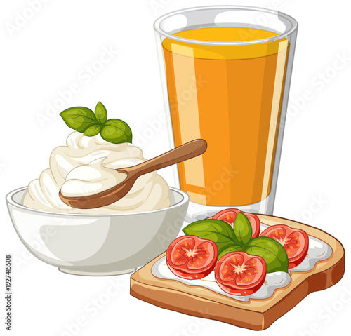 Healthy Breakfast Set with Orange Juice Tomato Toast and Cream Cheese