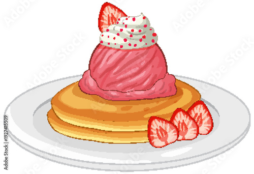 Stack of Pancakes Topped with Strawberry Ice Cream and Whipped Cream