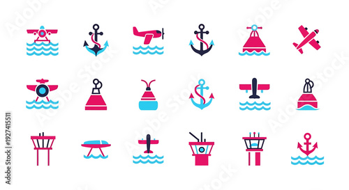 Collection of aviation and nautical icons in flat vector style anchors, airport towers, buoys, and seaplanes on waves in red and blue scheme.