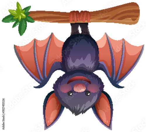 Cartoon Bat Hanging Upside Down from Tree Branch