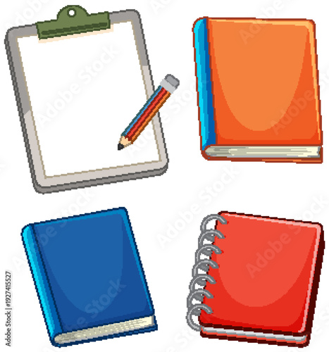 Set of School Stationery Items Including Clipboard Notebooks and Pencil
