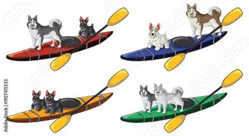 Vector Illustration Set of Various Dogs Standing on Colorful Kayaks