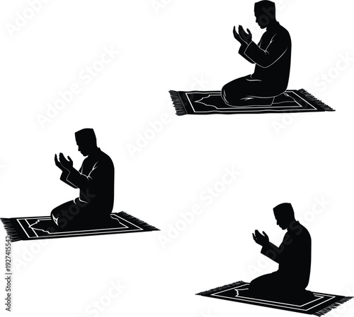 Black silhouette of a Muslim man sitting on a prayer rug and making dua or praying isolated flat vector illustration