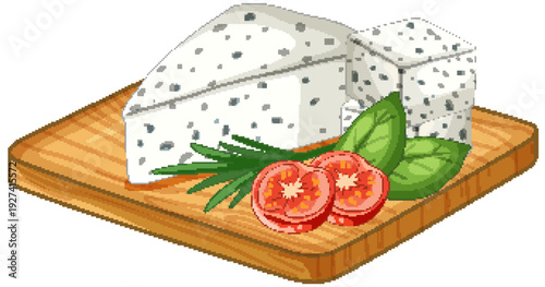 Blue Cheese Wedge and Cubes with Tomato on Wooden Board