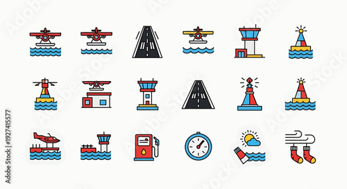 Airport and Maritime Elements Icon Set, Flat Vector Style Featuring Seaplanes, Control Tower, Road, Buoys, Gas Station, Wind Vanes for Travel Theme.