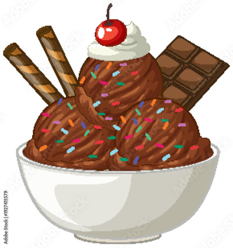 Chocolate Ice Cream Sundae with Sprinkles and Cherry in White Bowl