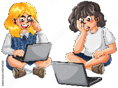 Two Schoolgirls Using Laptops While Sitting Cross Legged on White Background