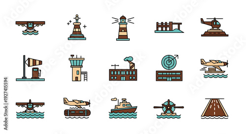 Coastal Aviation and Maritime Collection Flat Design Icons Depicting Air and Sea Travel, Navigation, Infrastructure. Colorful and Clean, vector art.