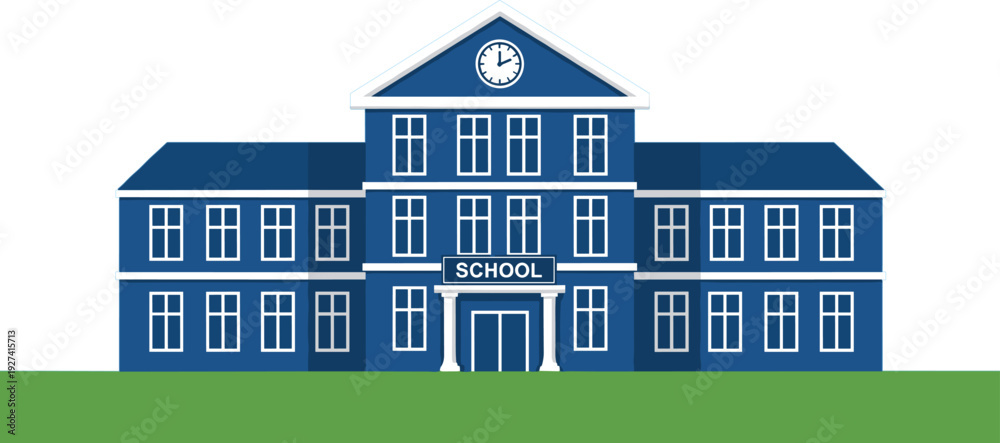 Obraz premium Blue flat vector illustration of a classic school building or university campus with a clock tower and columns