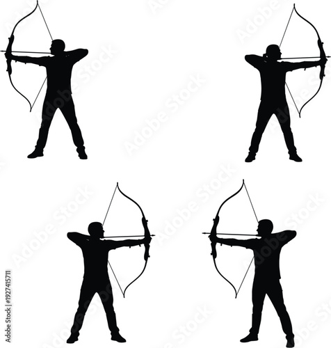 Black silhouette set of professional male archers standing and aiming arrows with traditional longbows for sports competition isolated on white