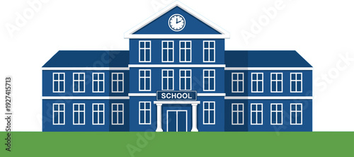 Blue flat vector illustration of a classic school building or university campus with a clock tower and columns