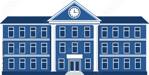 Blue flat vector illustration of a classic school building or university campus with a clock tower and columns