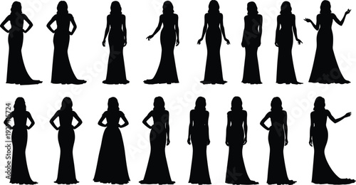 Large Set of Black Silhouette Vector Illustrations Featuring Sixteen Fashionable Women Wearing Elegant Long Evening Gowns for Formal Events and Luxury Fashion Designs