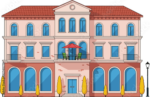 Elegant classic European vector illustration of a luxury boutique hotel or residential apartment building with balconies and street lamp