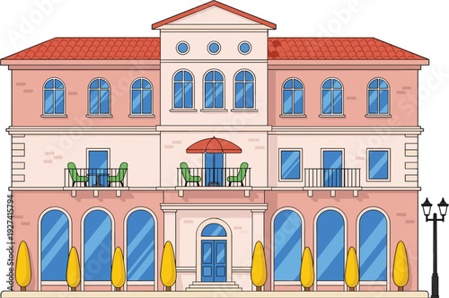 Elegant classic European vector illustration of a luxury boutique hotel or residential apartment building with balconies and street lamp