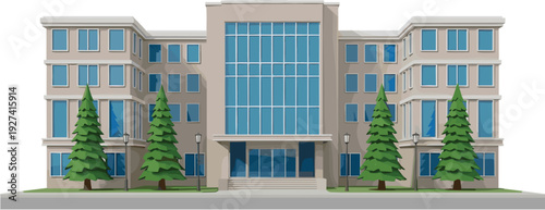 Modern grey flat vector illustration of a large contemporary office building or corporate headquarters with blue glass windows