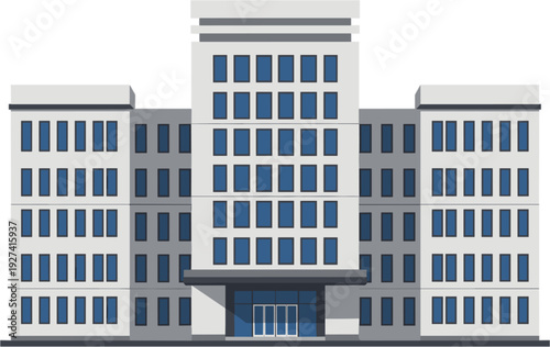 Modern grey and blue flat vector illustration of a contemporary office building or corporate headquarters with many windows