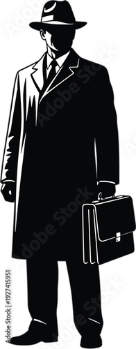 Mysterious businessman in long black trench coat and fedora hat carrying a briefcase isolated on white background vector