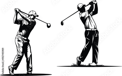 Professional male golfers swinging clubs in black and white hand drawn sketch style isolated on white background vector