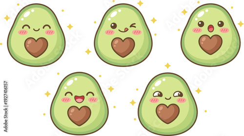 Five Cute Cartoon Avocado Characters With Heart Pits