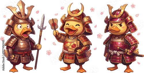 Trio Of Cute Samurai Duck Characters In Armor