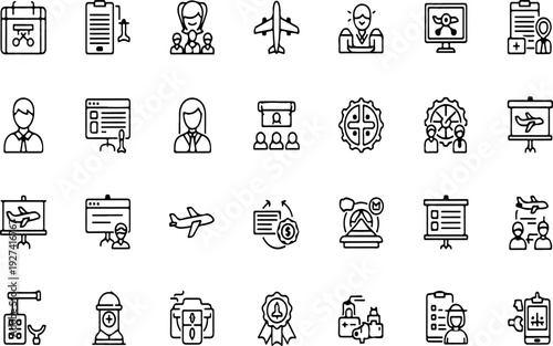 Set of 30 business and aviation line icons vector