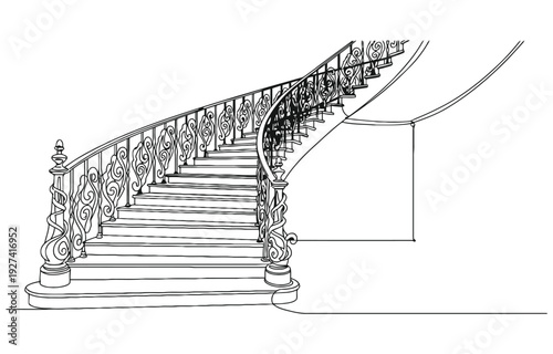 Abstract antique staircase with twisted handrails, ladder stepladder.