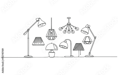 Set of loft lamps and iron lampshades in one line drawing.