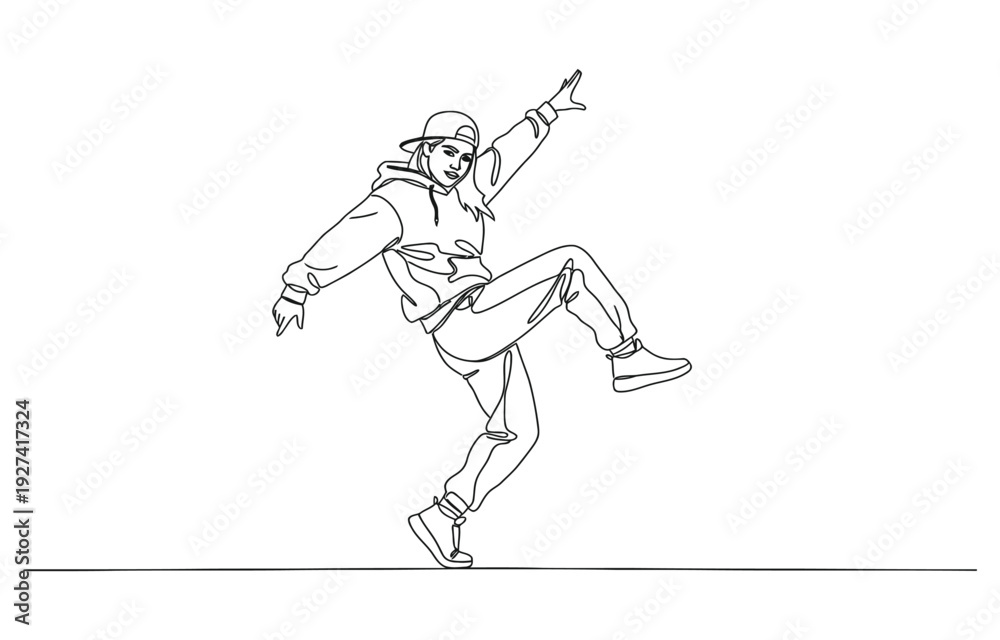 Fototapeta premium Single continuous line drawing of young energetic hip-hop dancer woman practice break dancing.