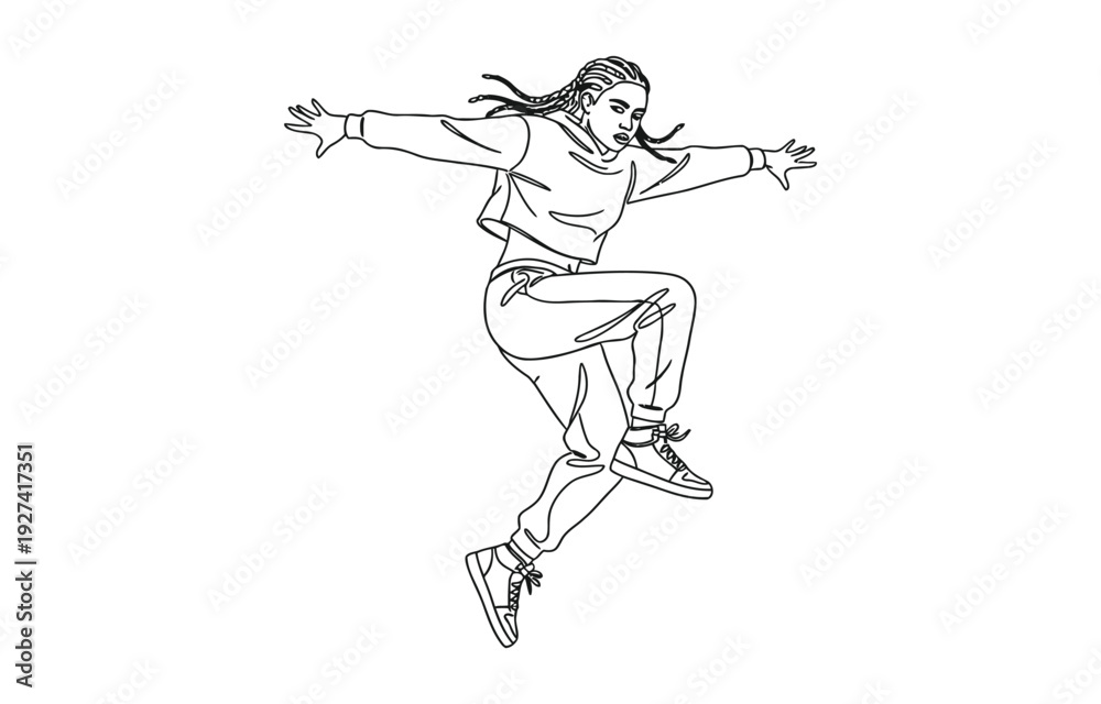 Obraz premium Single continuous line drawing of young energetic hip-hop dancer woman practice break dancing.
