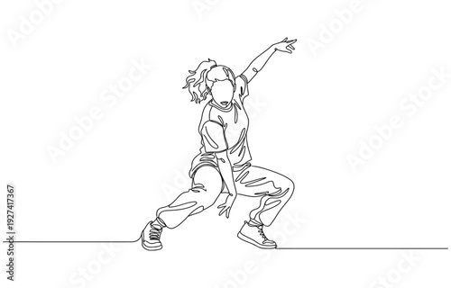 Single continuous line drawing of young energetic hip-hop dancer woman practice break dancing.