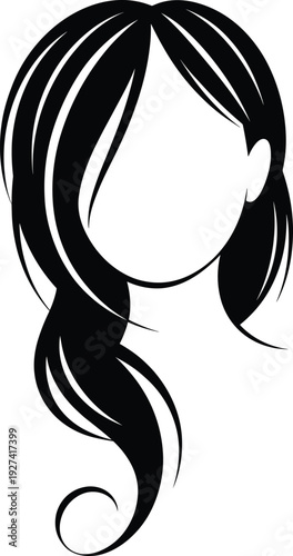 Long wavy female hairstyle silhouette isolated on white background, elegant black hair vector illustration for beauty salon logo, fashion branding and cosmetic design