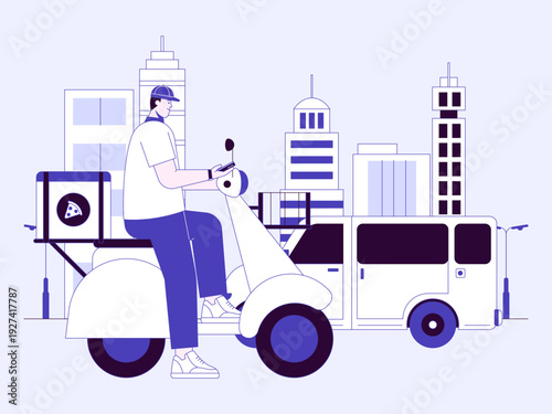 A courier riding a scooter with a delivery box on the back. City life illustrations. Flat vector concepts.