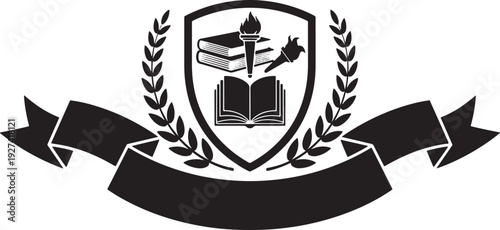 Black and white vector crest with an open book, torch, and laurel wreath, representing education, inspiration, and victory.