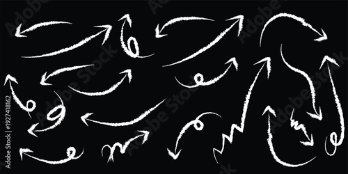 set of Black and white arrows on black background