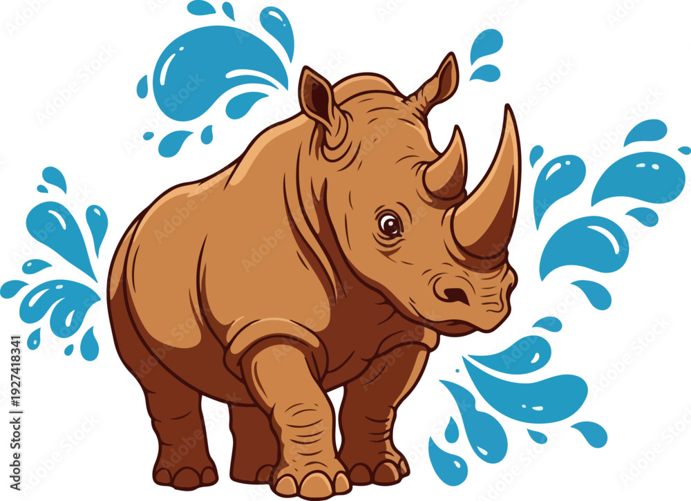 Fototapeta premium Happy Rhino Splashing Water Isolated Pixel Art
