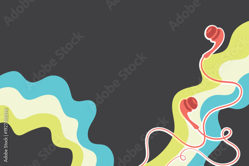 Vibrant graphic design featuring flowing abstract sound waves and modern earbuds, perfect for audio technology and musical harmony concepts
