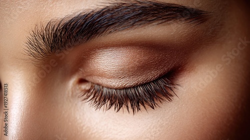 Close-up macro shot of a woman's closed eye with perfect makeup and long lashes