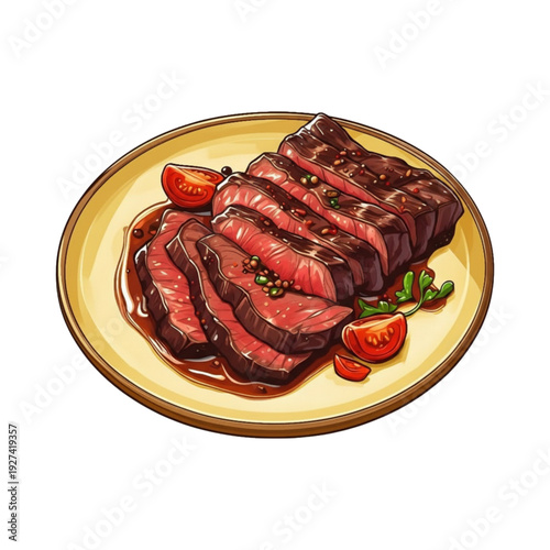 Sliced Medium Rare Beef Steak with Sauce – Gourmet Meat Illustration