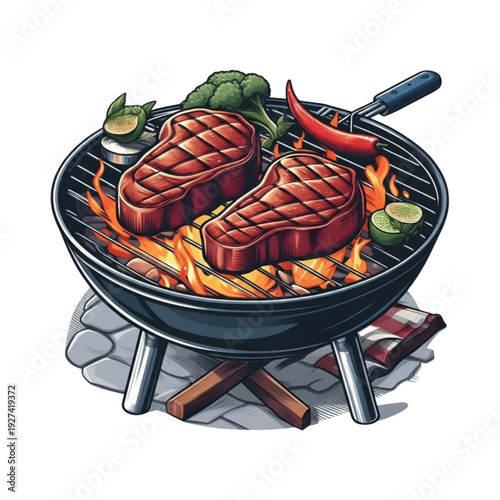 Grilled Beef Steak on Charcoal BBQ Grill with Flames Illustration