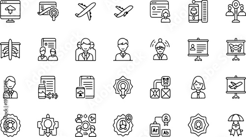 Business and travel outline icon collection. Includes online learning, document management, airplane travel, user profiles, team collaboration, presentations