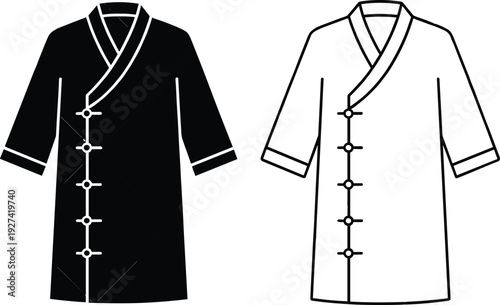 Traditional East Asian robe or kimono icons in black silhouette and line art styles for cultural heritage historical fashion and ethnic costume design