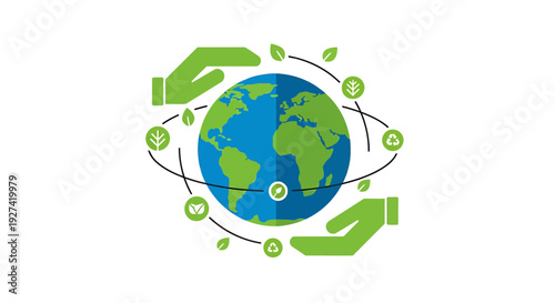Hands cradling the earth surrounded by leaves in a symbol of global care and environmental protection illustration