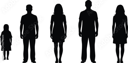 Black silhouette of a happy family standing together including a young girl two adult men and two adult women isolated