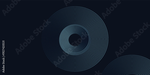 Blue abstract background with glowing circles. Swirl circular lines pattern. Geometric spiral. Twirl element. Modern graphic design. Futuristic technology concept.
