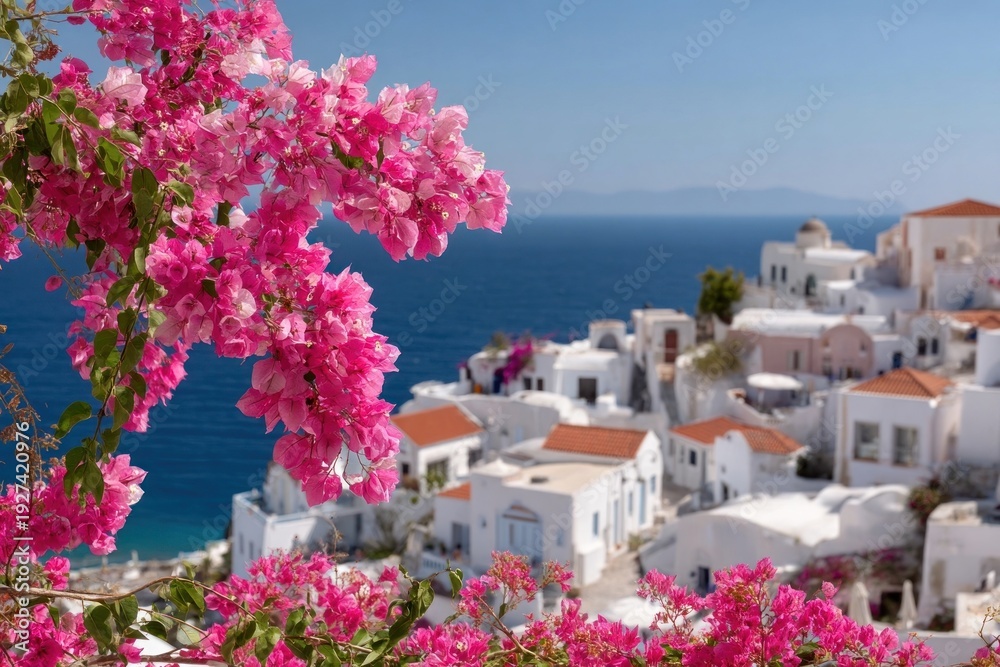 Fototapeta premium Greek-style buildings and blue ocean view mediterranean vibrant summer.